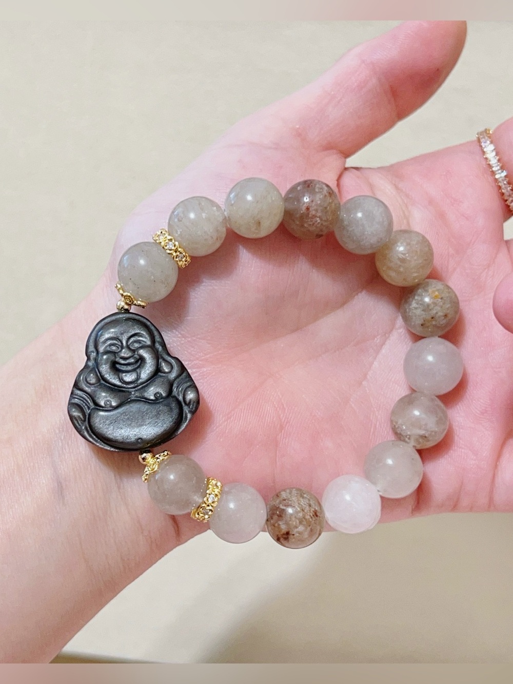 Handmade Silver Obsidian Happy Buddha Natural Layer Phantom Quartz Bracelet 12mm